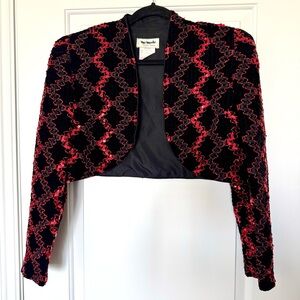 Nu Mode Vintage Black and Red Cropped velvet sequins Puff Shoulder open bolero